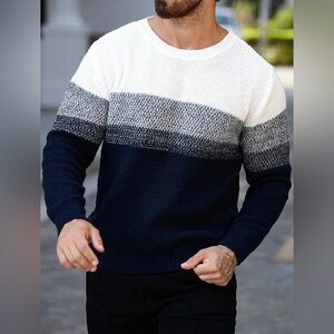 Men's Crewneck Homme Grandpa Core Preppy Sweater in Navy & White Size Large